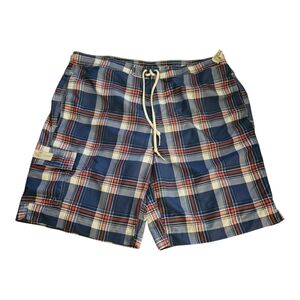 Mens Chaps Plaid Swimsuit Swim Trunks Orange White Blue Lined With Pockets XL